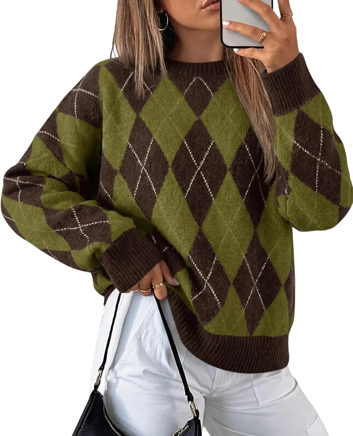 Womens Oversized Sweaters Long Sleeve Argyle Plaid Trendy Casual Fall Lightweight Knit Pullover Tops Brown