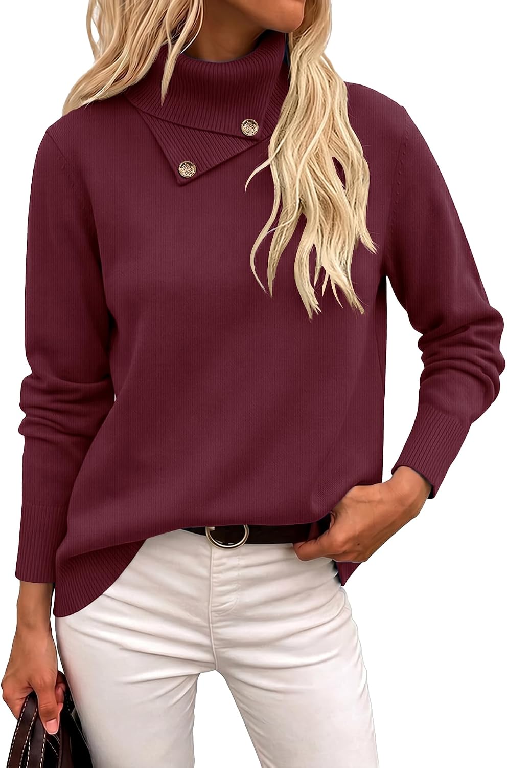 Long Sleeve High Neck Knit Cozy Pullover Sweater with Metal Button.