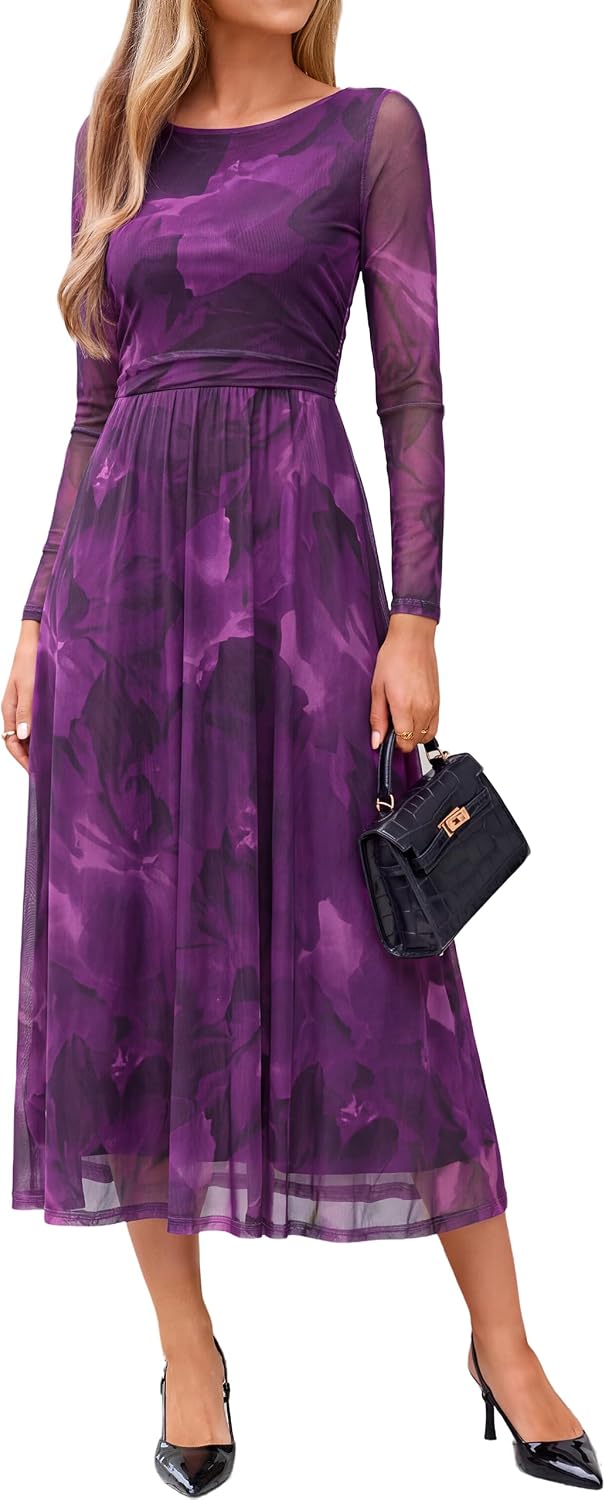 Womens Fall Floral Long Sleeve Cocktail Wedding Guest Maxi Dress | Elegant Semi Formal. Winter Holiday Party. A Line Flowy. Boho Long Dress. Ruched High Waist.