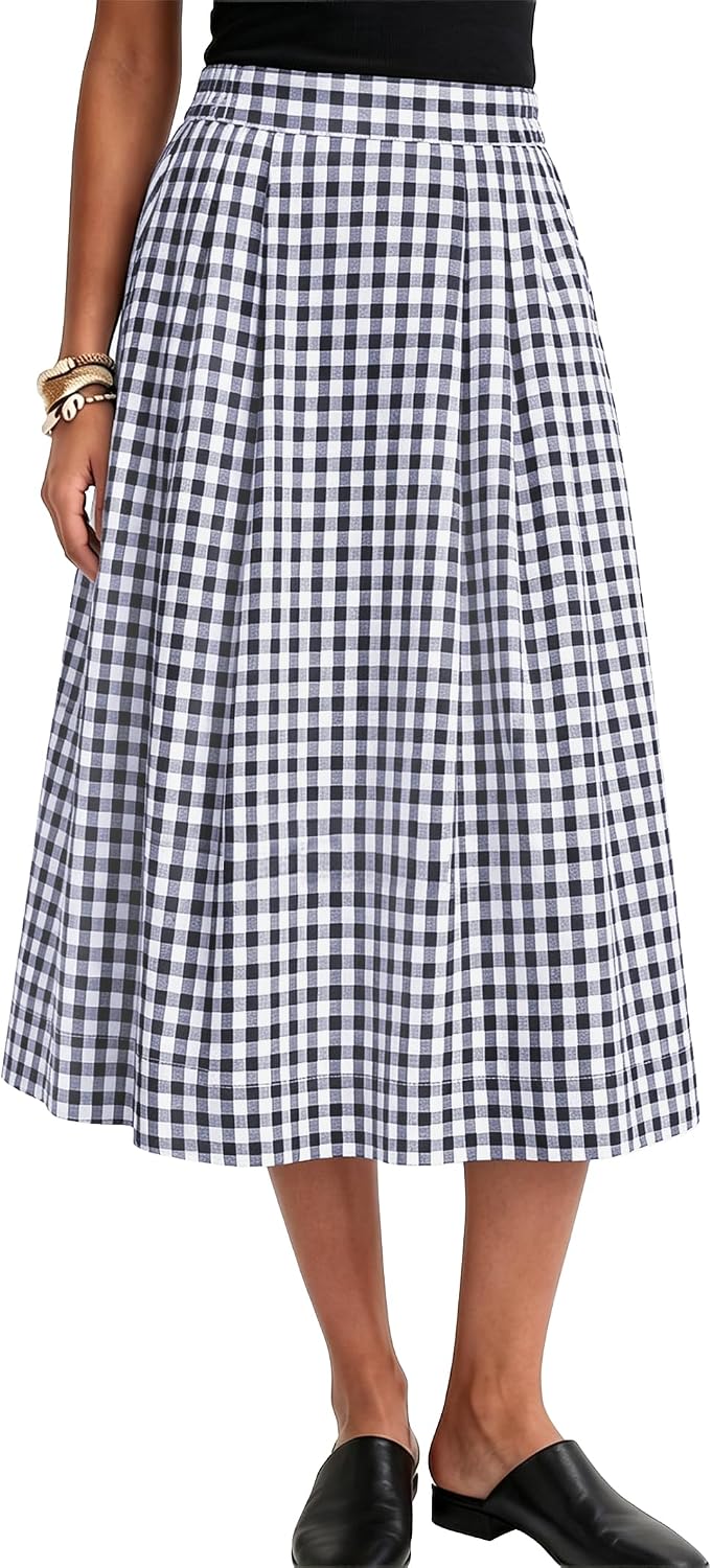 Gingham Skirt Women Midi Length A Line High Waist Skirts | Black White Plaid. Trendy Flowy Skirt with Pocket. Pleated Skirts for Wedding Vacation. Business Casual.