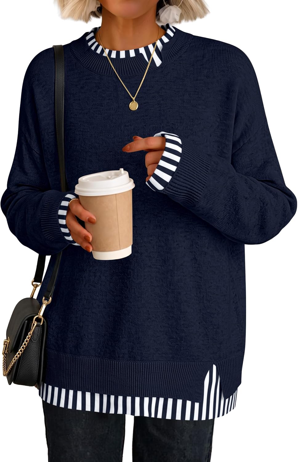 Cozy Knit Teacher School Outfits for Women.Faux Layered Ribbed Trim.Long Sleeve Drop Shoulder