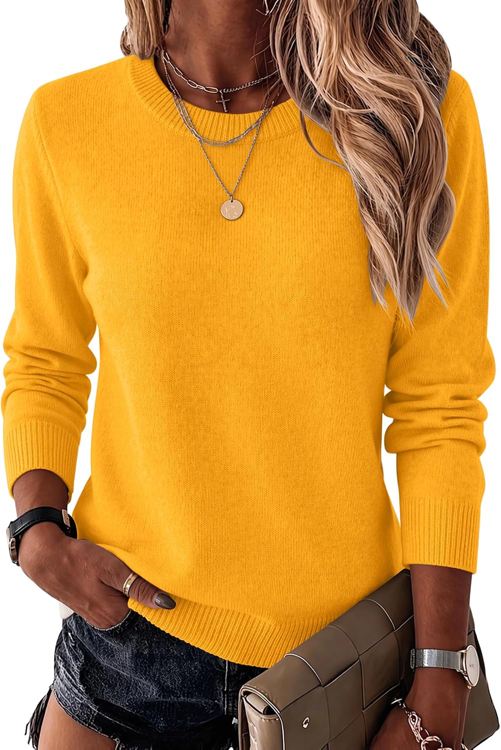 Womens Wool Blend Crewneck Sweater Long Sleeve Soft Knit Pullover Lightweight Business Casual Black Fashion Clothing