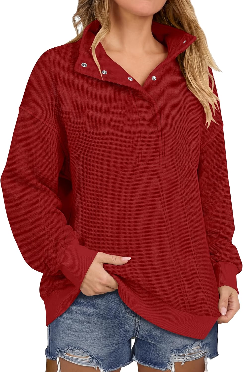Women Waffle Knit Henley Pullover Tops Beige | Lightweight Comfy Soft Fall Outfits. Long Sleeve Loose Stand Collar Half Button.
