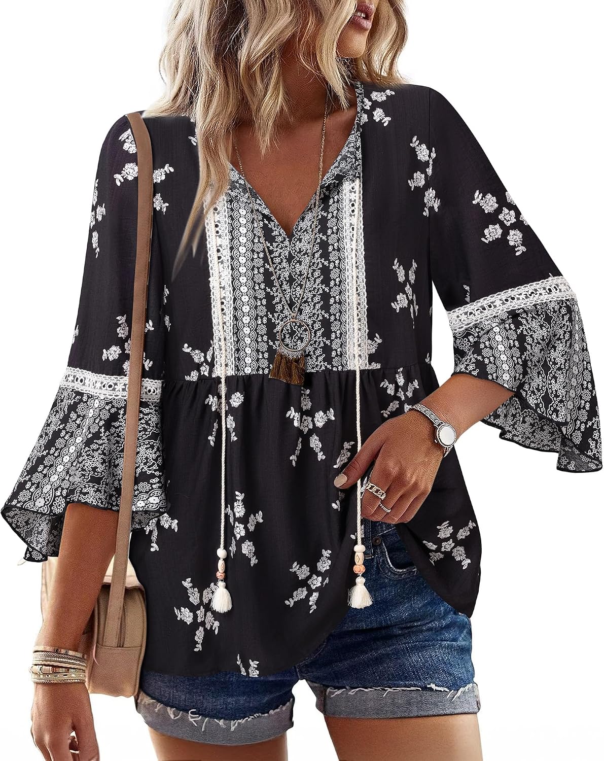 Vacation Outfits Boho Tops Peasant Blouses Green L | 3/4 Sleeve Tops Flowy Tunic Tops Summer Clothes Casual Beach Cruise Resort Wear Green