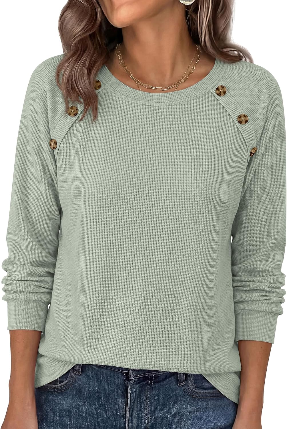 Soft Stretchy Tops. Casual Crew Neck. Raglan Sleeves with Deco Buttons. Loose Fit Tunics.