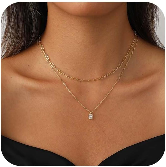 Women Dainty CZ Stackable Choker Jewelry | 14K Gold Plated set Minimalist Cubic Zirconia Simple Gift non tarnish women's Necklace Pendant waterproof Jewelry Stack