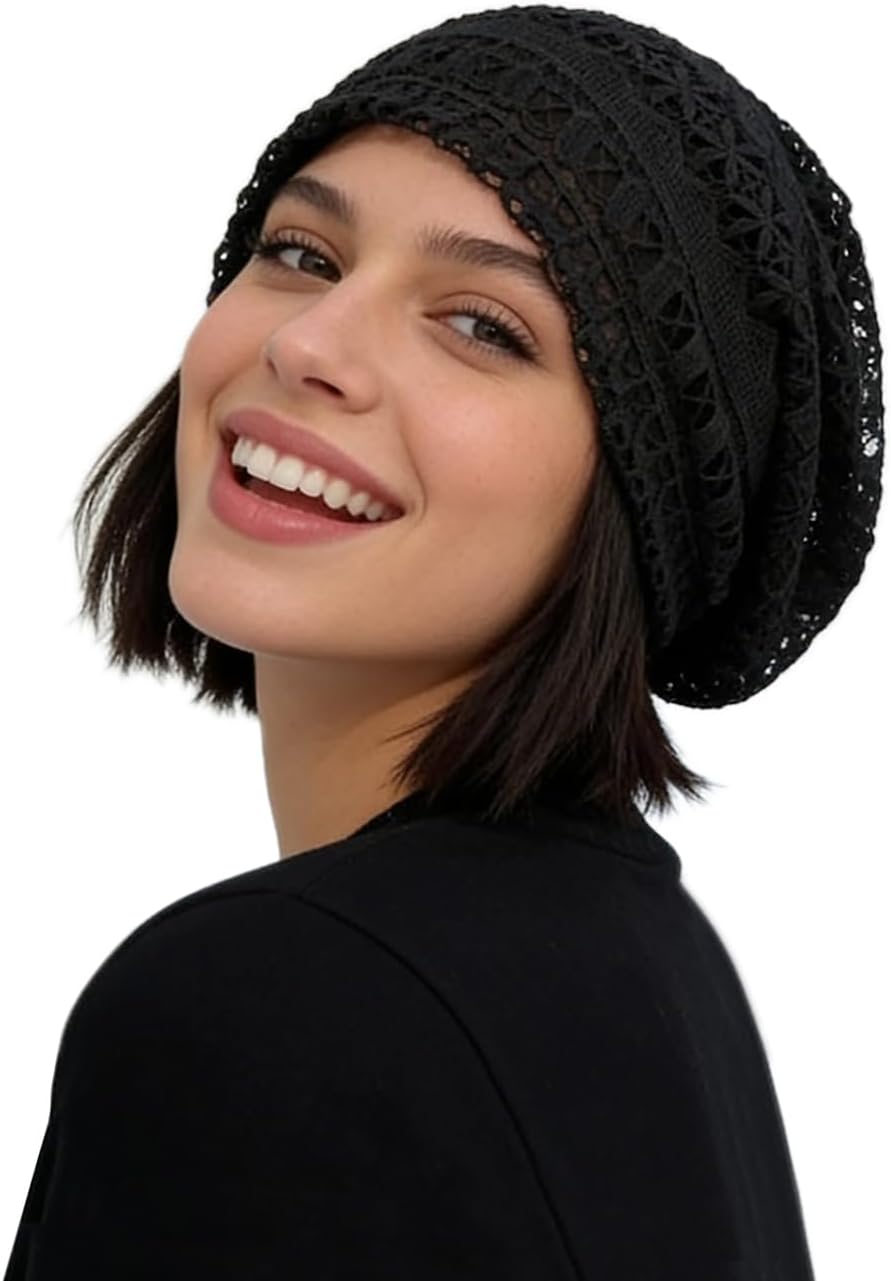 Crochet Slouchy Beanie Hat Handmade Knit Slouchy Floral Skull Hat Cutout Hats for Women Lightweight Knitted
