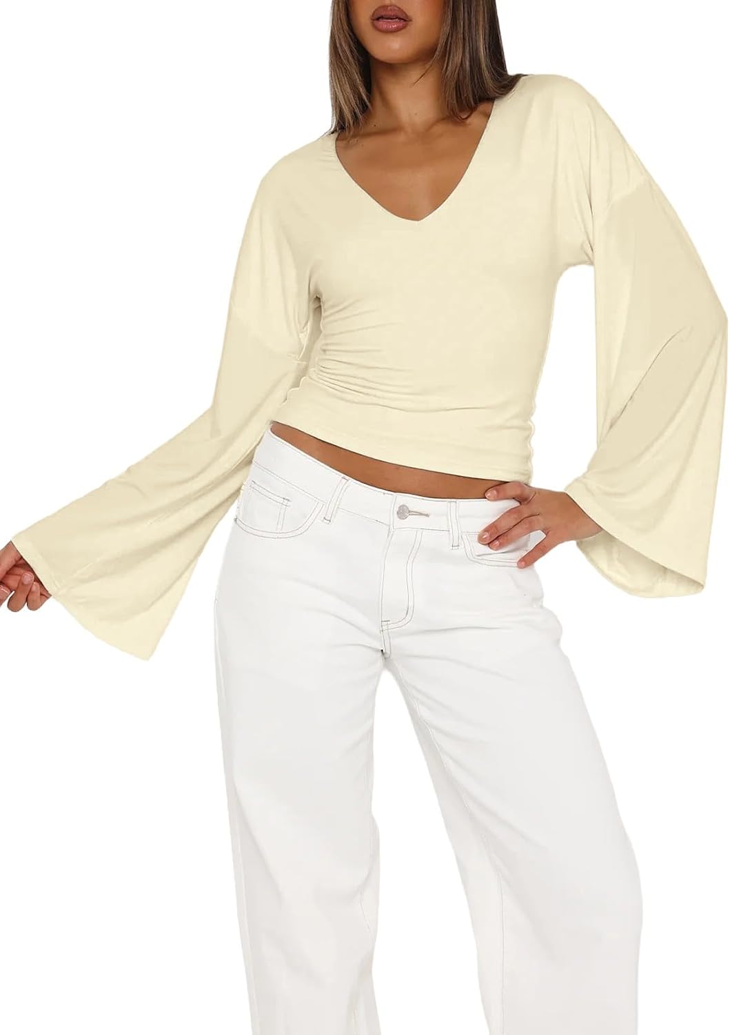 Women Dressy Casual 2026 Basic Fall Shirts Cute Tops | Long Bell Sleeve Trendy Tees V Neck