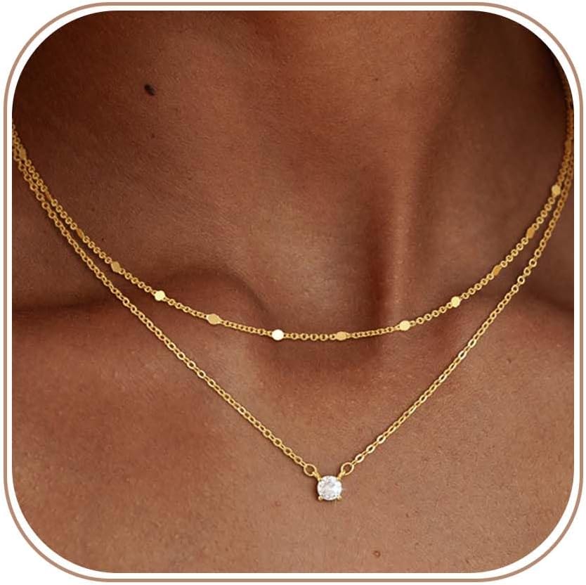 Women Dainty CZ Stackable Choker Jewelry | 14K Gold Plated set Minimalist Cubic Zirconia Simple Gift non tarnish women's Necklace Pendant waterproof Jewelry Stack