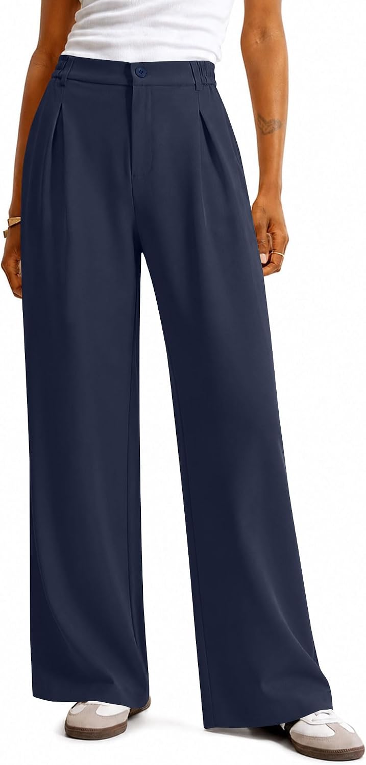 Women Wide Leg Pants Dressy Casual High Waisted Pleated Trousers | Elastic Waist. Button Down. Pockets. Lightweight. Business Casual Slacks.