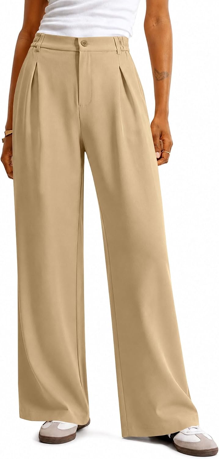Women Wide Leg Pants Dressy Casual High Waisted Pleated Trousers | Elastic Waist. Button Down. Pockets. Lightweight. Business Casual Slacks.