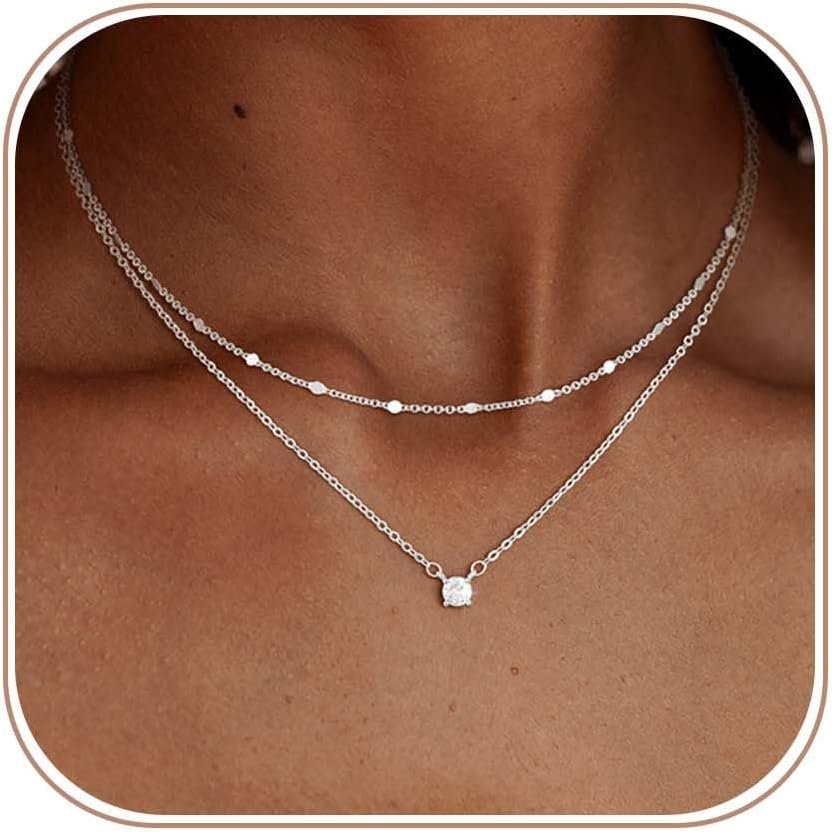 Women Dainty CZ Stackable Choker Jewelry | 14K Gold Plated set Minimalist Cubic Zirconia Simple Gift non tarnish women's Necklace Pendant waterproof Jewelry Stack