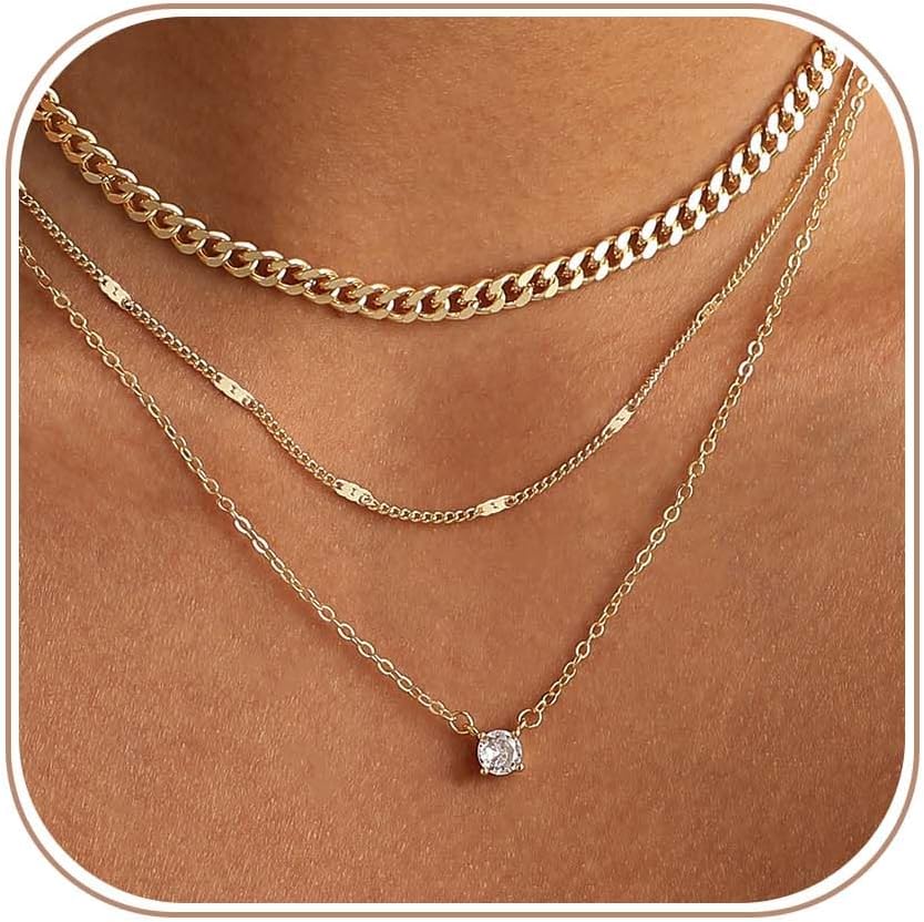 Women Dainty CZ Stackable Choker Jewelry | 14K Gold Plated set Minimalist Cubic Zirconia Simple Gift non tarnish women's Necklace Pendant waterproof Jewelry Stack