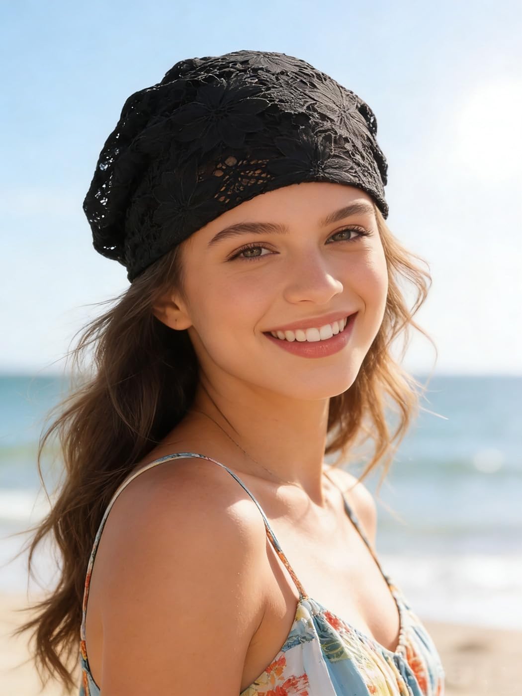 Crochet Slouchy Beanie Hat Handmade Knit Slouchy Floral Skull Hat Cutout Hats for Women Lightweight Knitted
