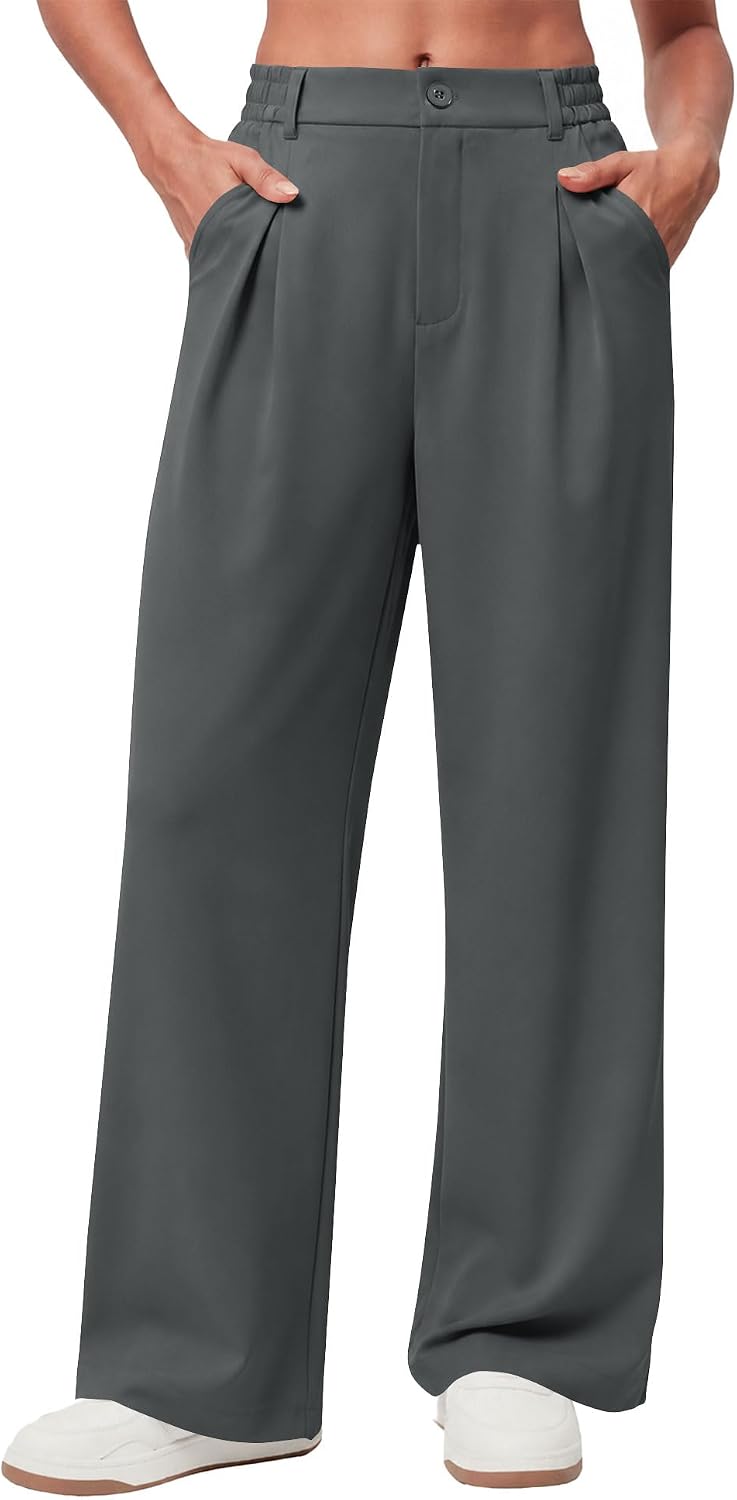 Women Wide Leg Pants Dressy Casual High Waisted Pleated Trousers | Elastic Waist. Button Down. Pockets. Lightweight. Business Casual Slacks.