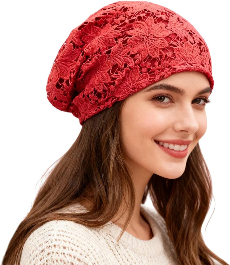 Crochet Slouchy Beanie Hat Handmade Knit Slouchy Floral Skull Hat Cutout Hats for Women Lightweight Knitted