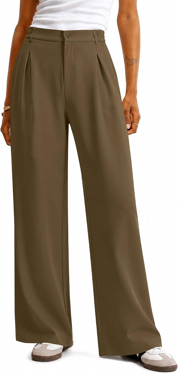 Women Wide Leg Pants Dressy Casual High Waisted Pleated Trousers | Elastic Waist. Button Down. Pockets. Lightweight. Business Casual Slacks.