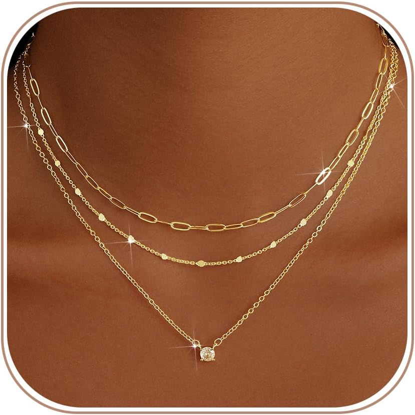 Gold Necklaces for Women. Stackable 14K Gold Plated Non-Tarnish