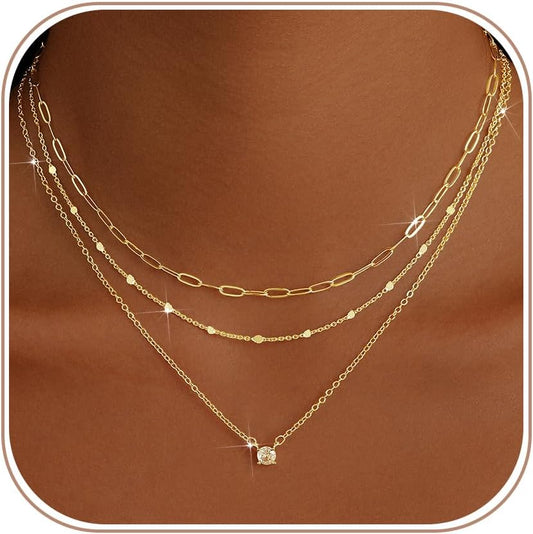 Gold Necklaces for Women. Stackable 14K Gold Plated Non-Tarnish