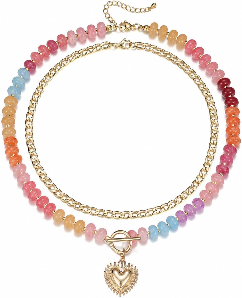 Trendy Statement Stack Necklace. Boho Beach Jewelry Gift with Heart Charm. Stone bead. Gold Pendant and Toggle Clasp