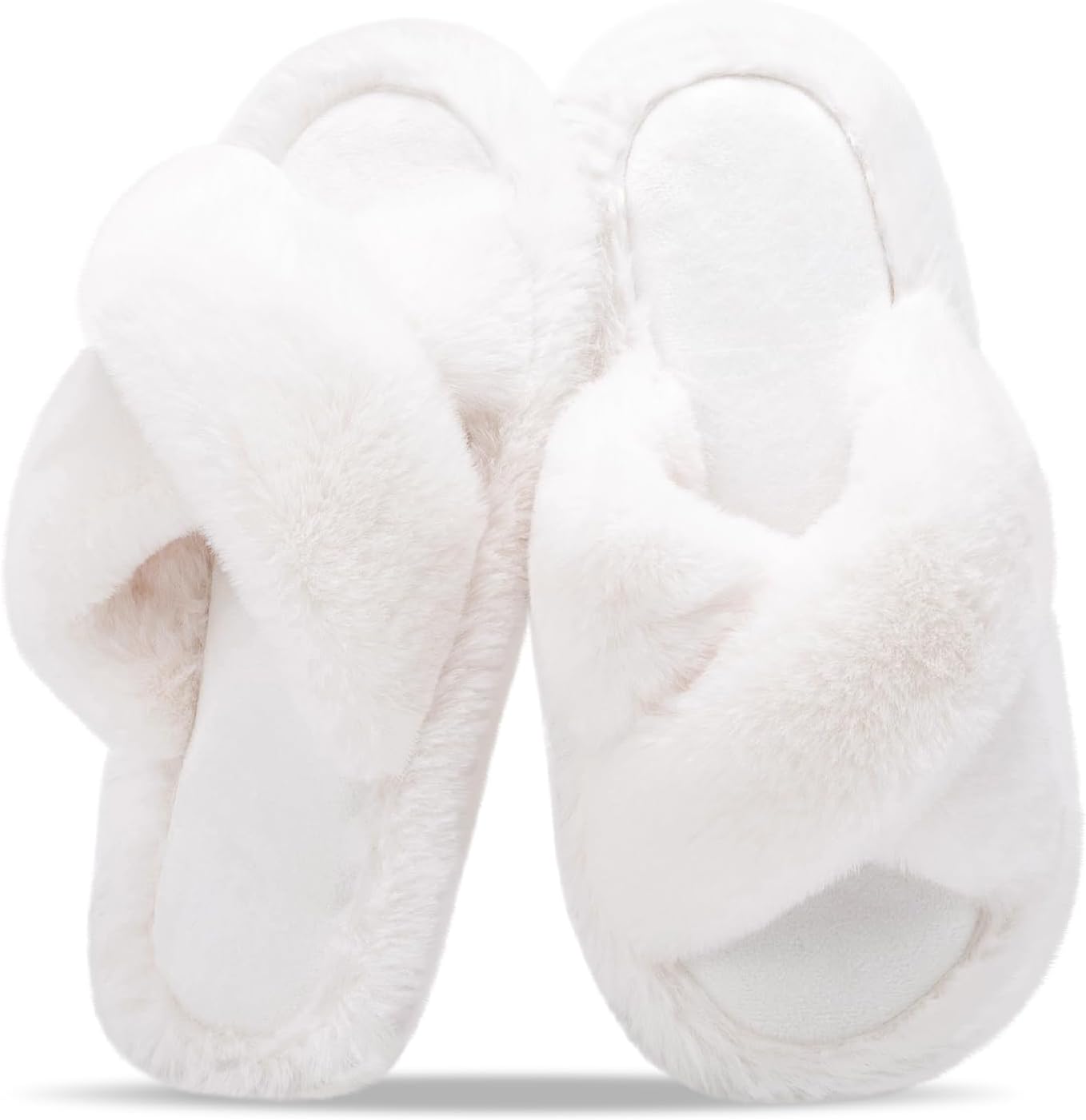 Women's Fuzzy Slippers for Women Cross Band Comfy House Shoes Faux Fur Lined Sandals Slides Memory Foam Open Toe Slip on Indoor | Shoes