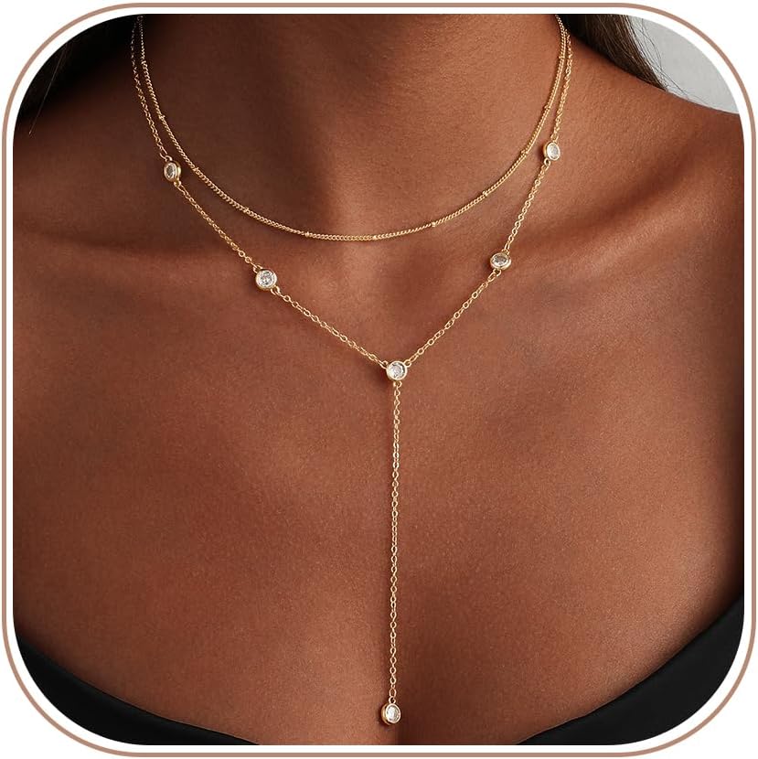 Gold Necklace Stack for Women Trendy - Dainty 14k Gold Plated Layered Lariat Necklace Y-Shaped Necklaces Set Layered Choker Necklaces for Women Jewelry Gifts