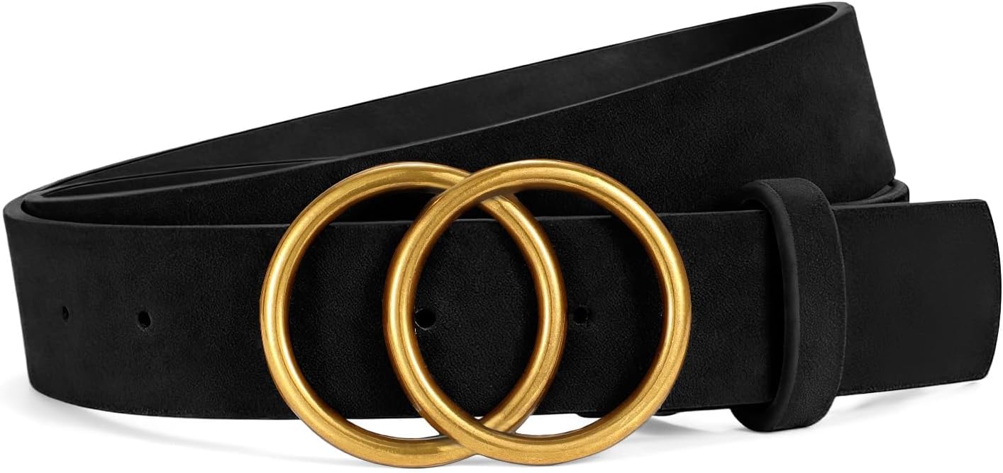 Womens Leather Belt for Jeans Pants Fashion Waist Belts Double Ring Buckle.Gold Buckle.leopard.