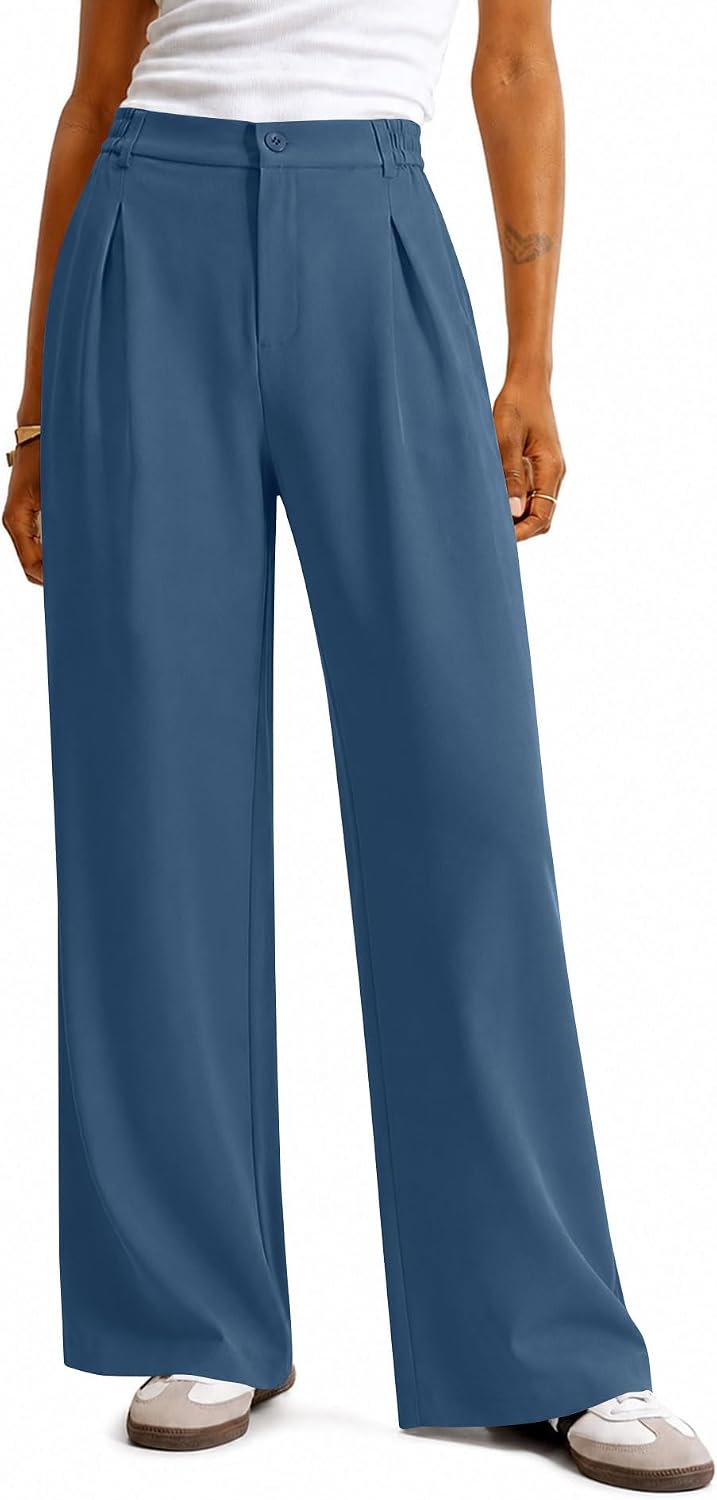 Women Wide Leg Pants Dressy Casual High Waisted Pleated Trousers | Elastic Waist. Button Down. Pockets. Lightweight. Business Casual Slacks.
