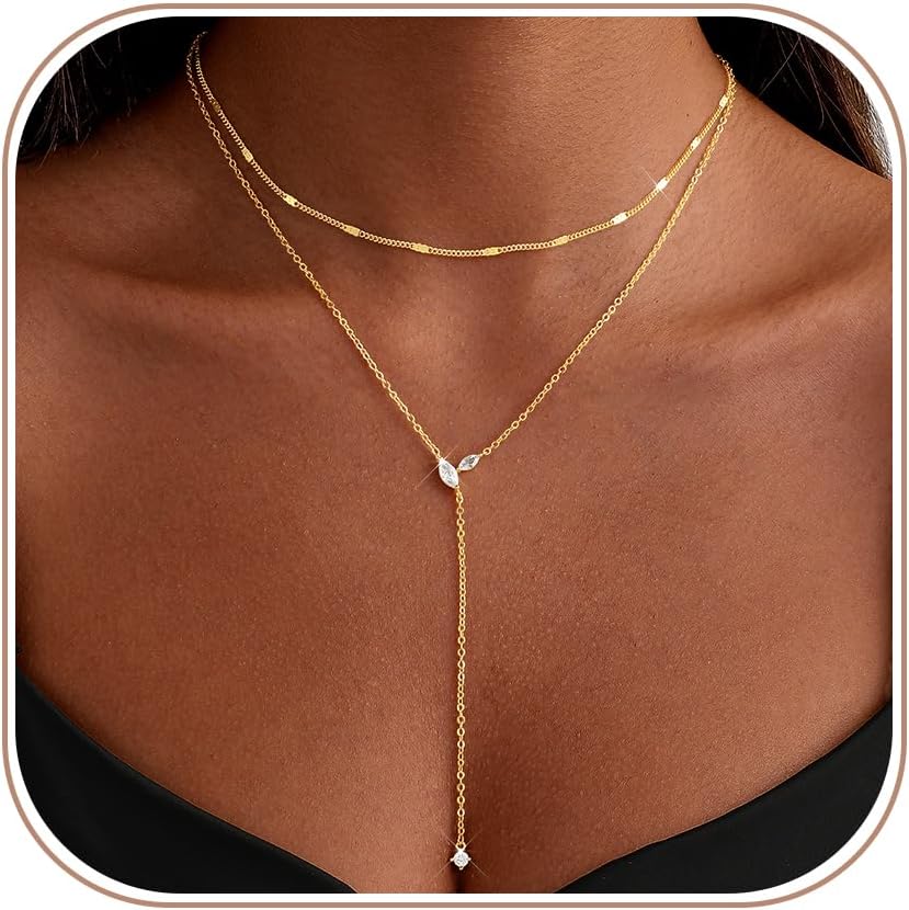 Gold Necklace Stack for Women Trendy - Dainty 14k Gold Plated Layered Lariat Necklace Y-Shaped Necklaces Set Layered Choker Necklaces for Women Jewelry Gifts