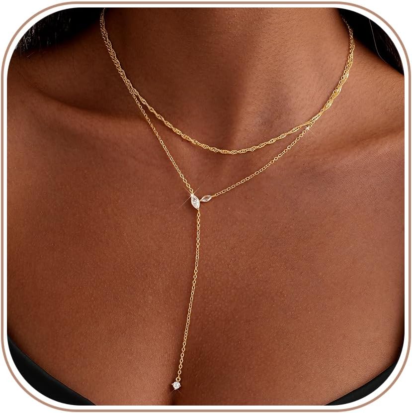Gold Necklace Stack for Women Trendy - Dainty 14k Gold Plated Layered Lariat Necklace Y-Shaped Necklaces Set Layered Choker Necklaces for Women Jewelry Gifts