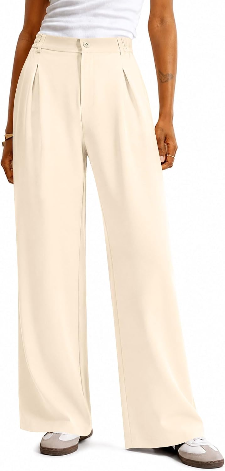 Women Wide Leg Pants Dressy Casual High Waisted Pleated Trousers | Elastic Waist. Button Down. Pockets. Lightweight. Business Casual Slacks.