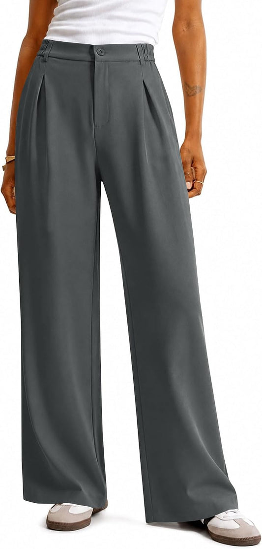 Women Wide Leg Pants Dressy Casual High Waisted Pleated Trousers | Elastic Waist. Button Down. Pockets. Lightweight. Business Casual Slacks.
