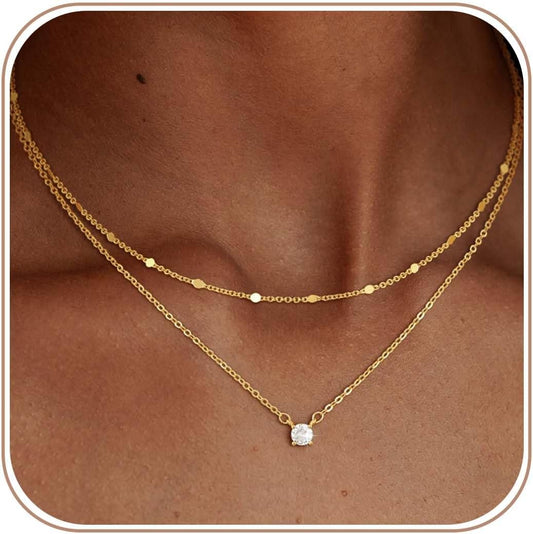 Women Dainty CZ Stackable Choker Jewelry | 14K Gold Plated set Minimalist Cubic Zirconia Simple Gift non tarnish women's Necklace Pendant waterproof Jewelry Stack