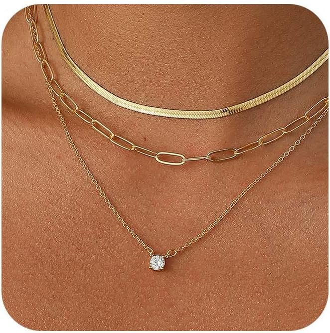 Women Dainty CZ Stackable Choker Jewelry | 14K Gold Plated set Minimalist Cubic Zirconia Simple Gift non tarnish women's Necklace Pendant waterproof Jewelry Stack