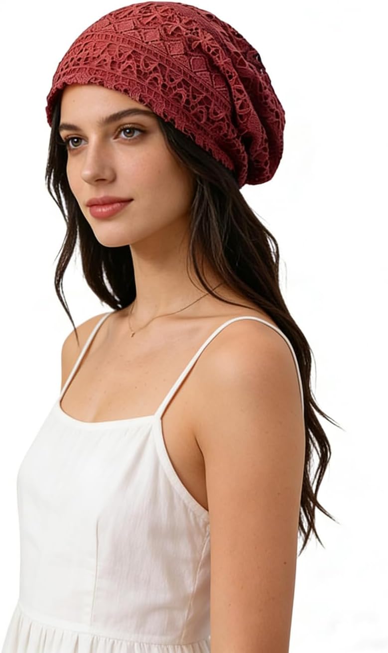 Crochet Slouchy Beanie Hat Handmade Knit Slouchy Floral Skull Hat Cutout Hats for Women Lightweight Knitted
