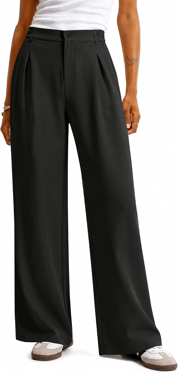 Women Wide Leg Pants Dressy Casual High Waisted Pleated Trousers | Elastic Waist. Button Down. Pockets. Lightweight. Business Casual Slacks.