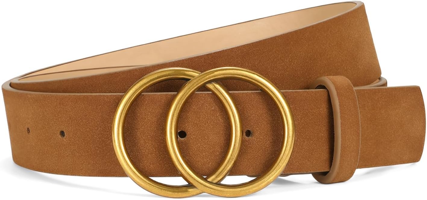Womens Leather Belt for Jeans Pants Fashion Waist Belts Double Ring Buckle.Gold Buckle.leopard.
