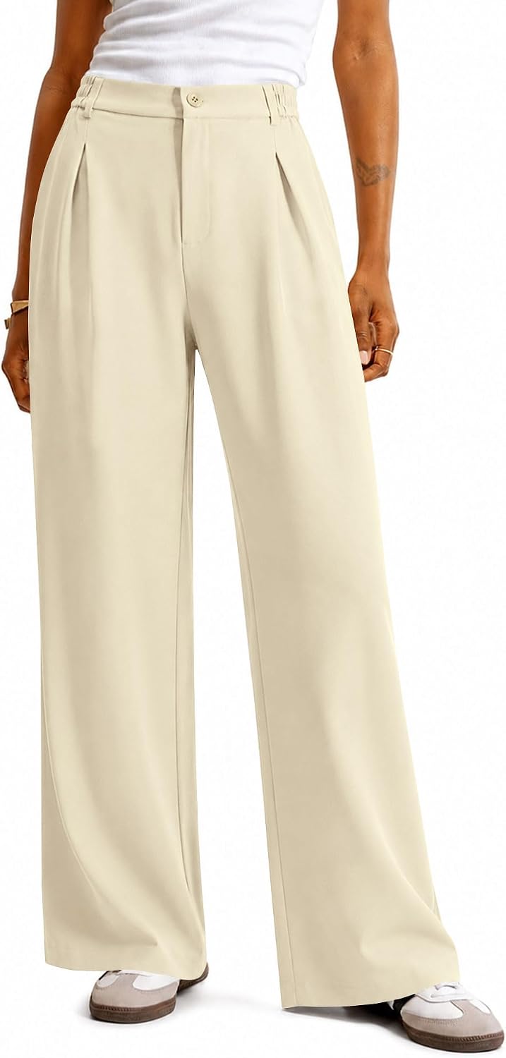 Women Wide Leg Pants Dressy Casual High Waisted Pleated Trousers | Elastic Waist. Button Down. Pockets. Lightweight. Business Casual Slacks.