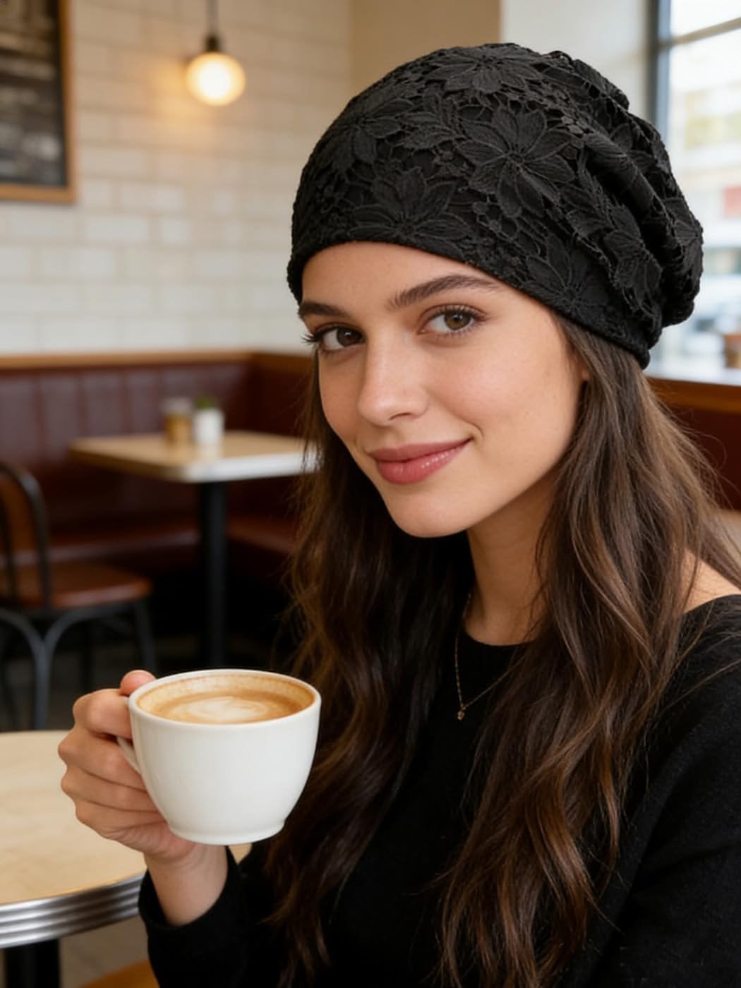 Crochet Slouchy Beanie Hat Handmade Knit Slouchy Floral Skull Hat Cutout Hats for Women Lightweight Knitted