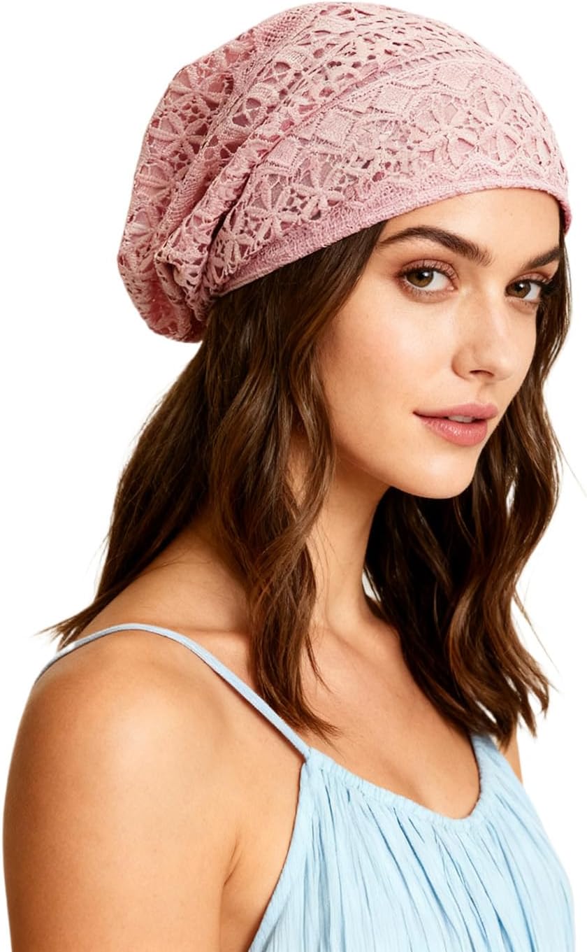 Crochet Slouchy Beanie Hat Handmade Knit Slouchy Floral Skull Hat Cutout Hats for Women Lightweight Knitted