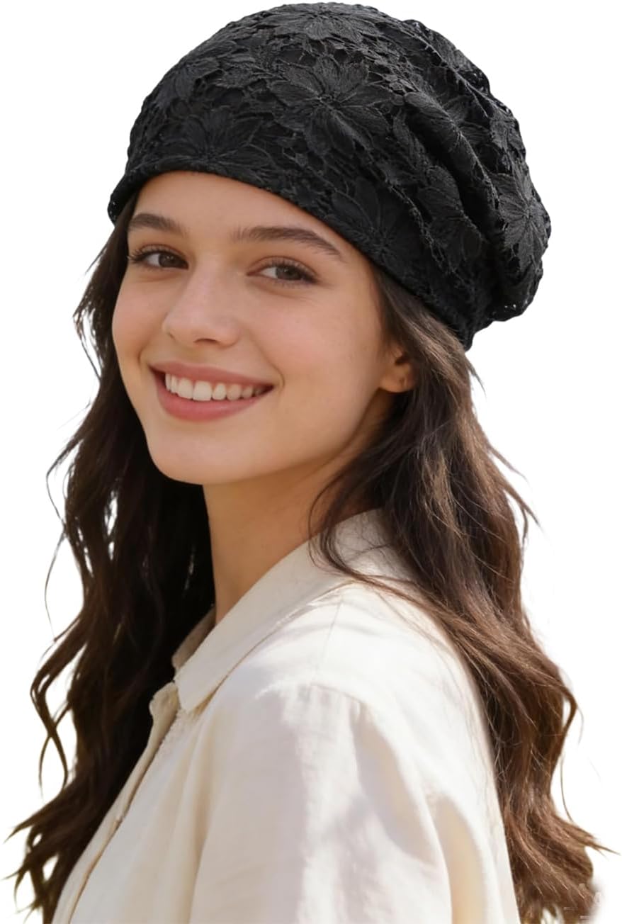 Crochet Slouchy Beanie Hat Handmade Knit Slouchy Floral Skull Hat Cutout Hats for Women Lightweight Knitted