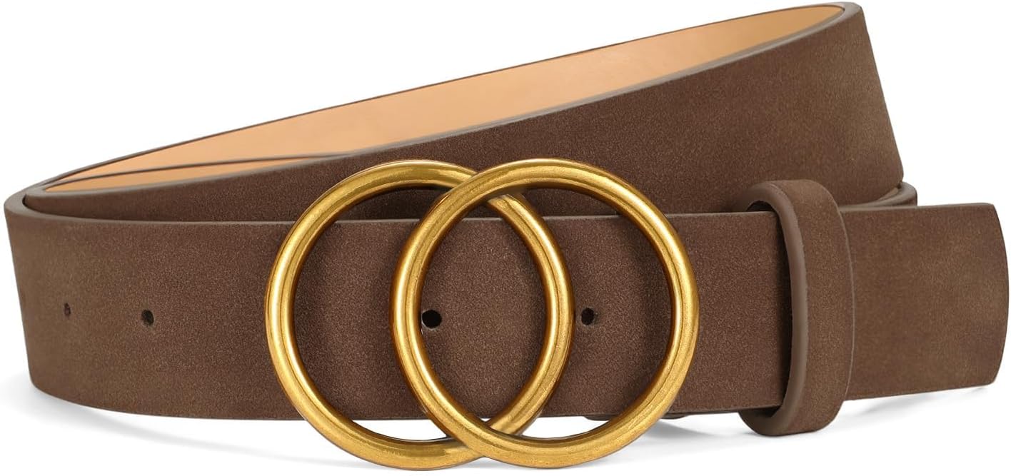 Womens Leather Belt for Jeans Pants Fashion Waist Belts Double Ring Buckle.Gold Buckle.leopard.