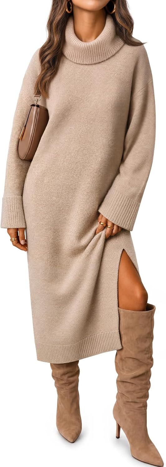 2026 Fall Winter Fashion Maxi Dress. Casual Long Dress. Long Sleeve. High Neck Collar. Side Slit.