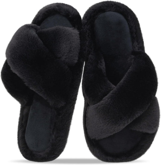 Women's Fuzzy Slippers for Women Cross Band Comfy House Shoes Faux Fur Lined Sandals Slides Memory Foam Open Toe Slip on Indoor | Shoes