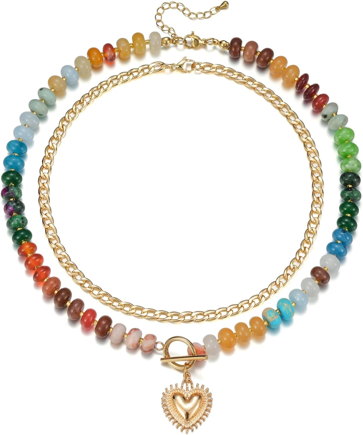 Trendy Statement Stack Necklace. Boho Beach Jewelry Gift with Heart Charm. Stone bead. Gold Pendant and Toggle Clasp