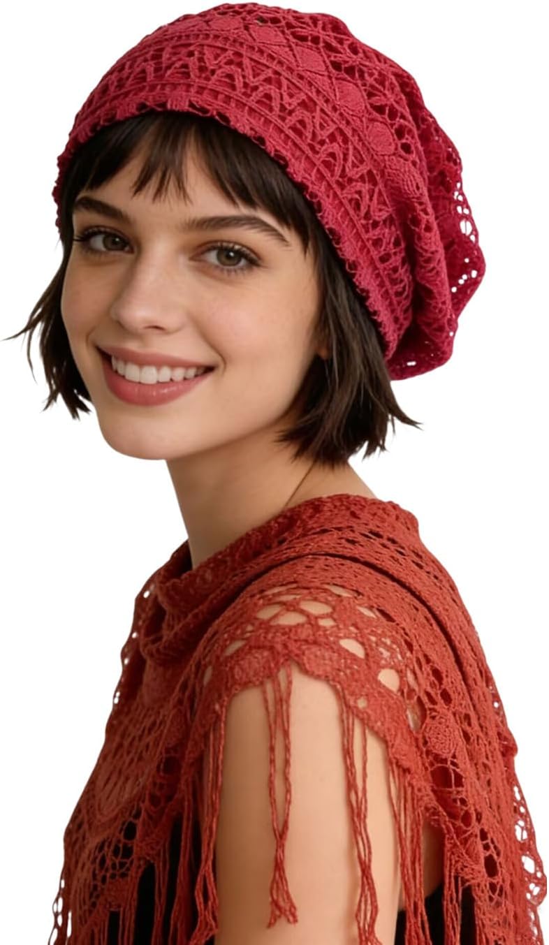 Crochet Slouchy Beanie Hat Handmade Knit Slouchy Floral Skull Hat Cutout Hats for Women Lightweight Knitted