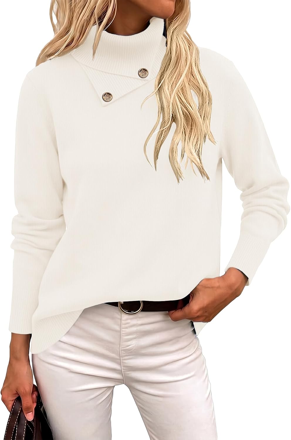 Long Sleeve High Neck Knit Cozy Pullover Sweater with Metal Button.