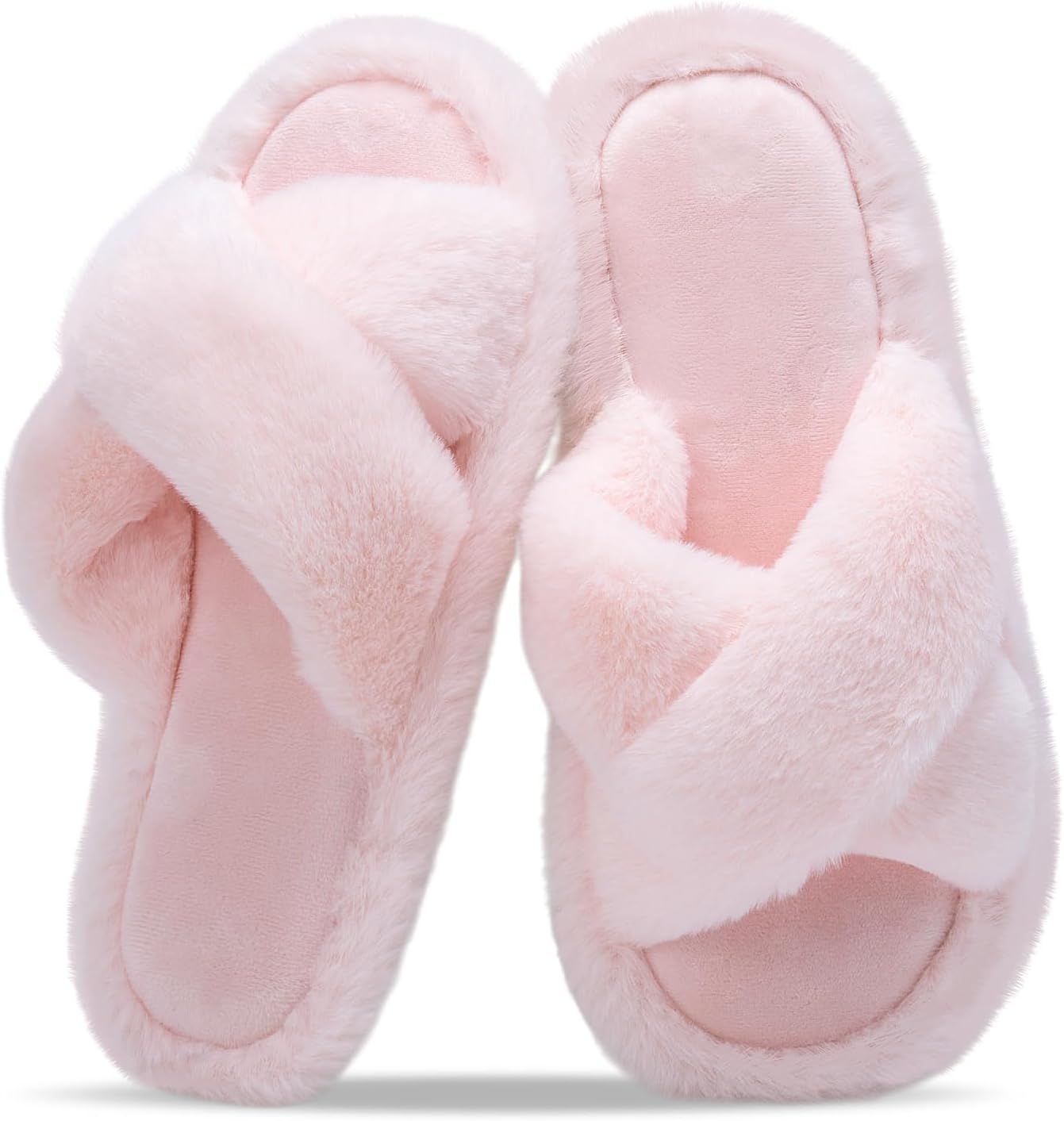 Women's Fuzzy Slippers for Women Cross Band Comfy House Shoes Faux Fur Lined Sandals Slides Memory Foam Open Toe Slip on Indoor | Shoes
