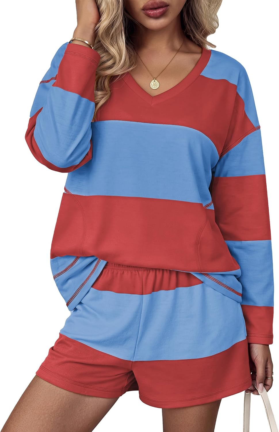 Women Fall Lounge Sets Long Sleeve Shorts Set | Oversized Matching Outfit. 2026 Fall Striped Shirts and Shorts Set.
