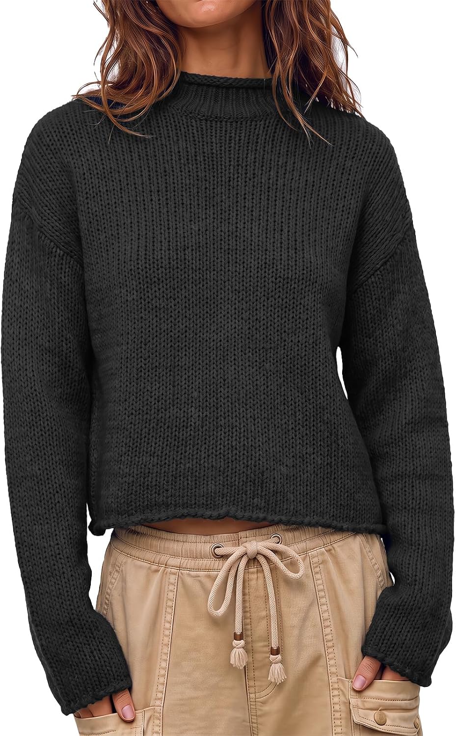 Womens Cropped Sweater Rolled Neck Knit Fall Pullover Tops Navy | Oversized.Mock Neck.Trendy Casual.Long Sleeve.Warm Winter.Loose Fit.Fall.Winter.